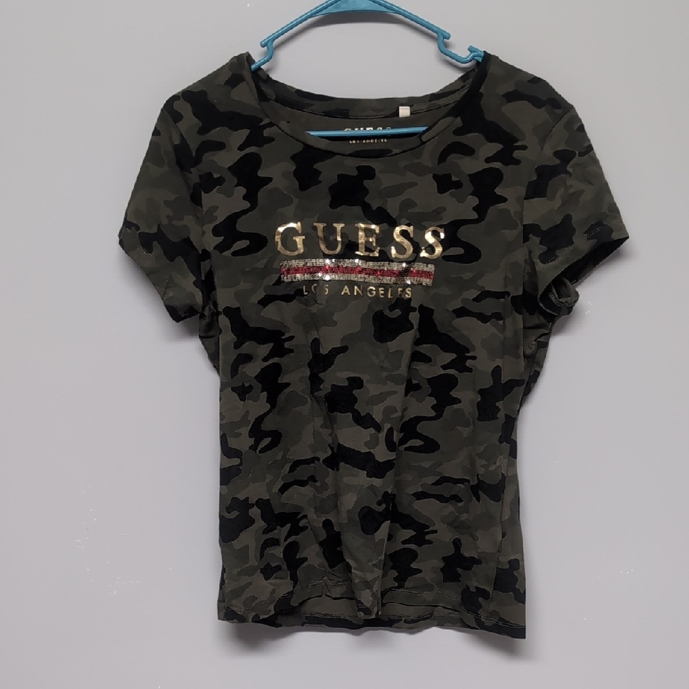 Guess Camouflage Short Sleeve Tee - Black and Gold